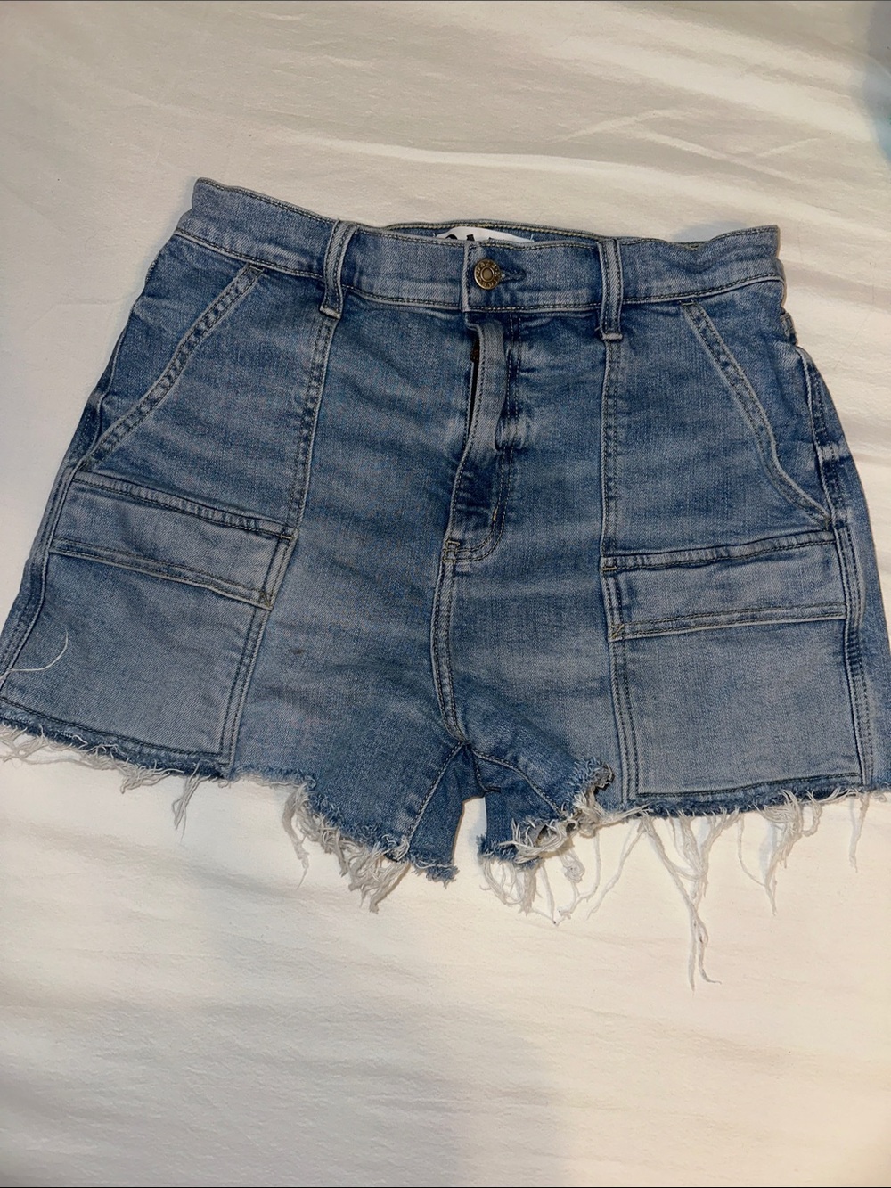 High-Rise Light Blue Denim Cargo Shorts